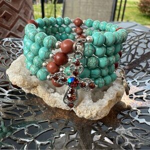 Handmade Turquoise & Brown Howlite Memory Wire Bracelet with Cross Charm